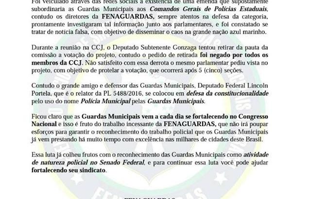 FENAGUARDAS divulga comunicado esclarecendo ‘falsa notícia’ publicada em redes sociais