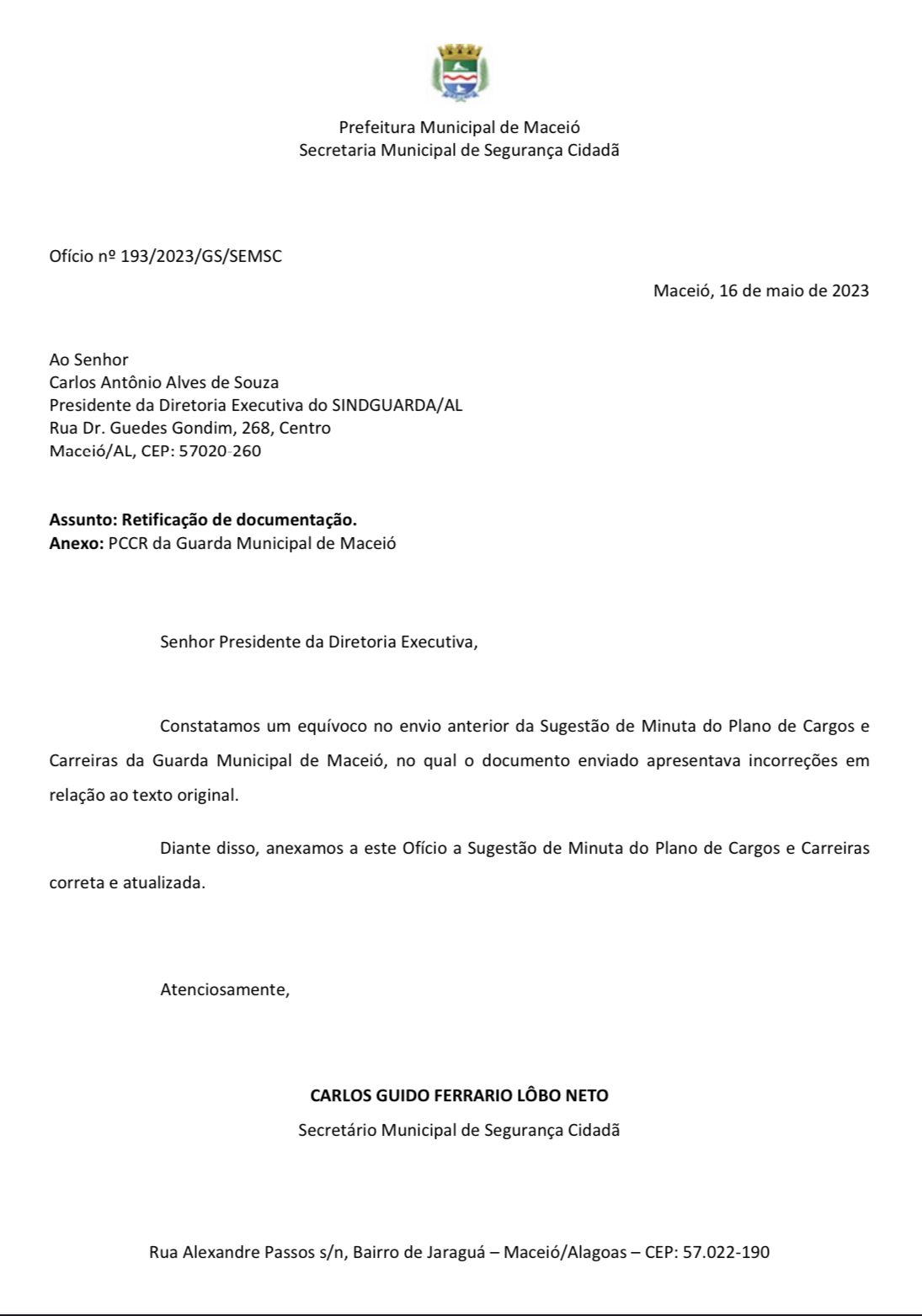 SEMSC envia texto errado do PCC dos guardas de Maceió ao Sindguarda-AL