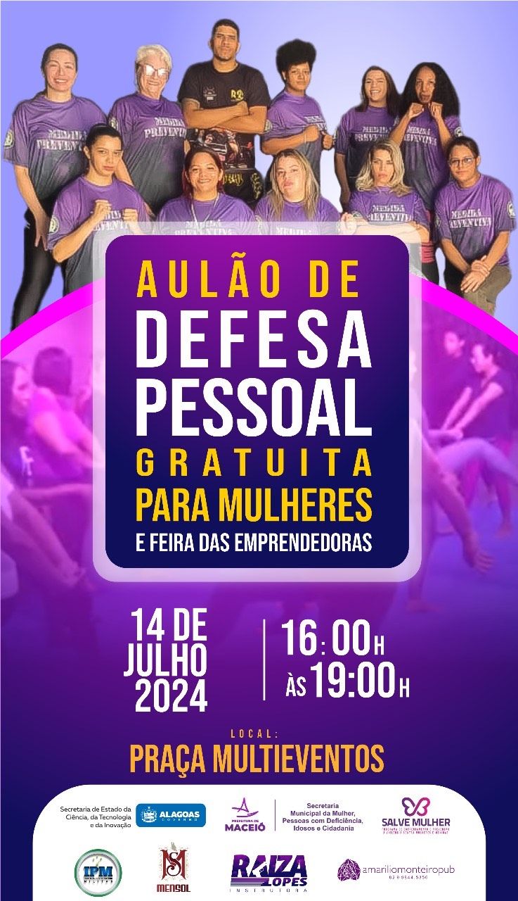 Aulão gratuito de defesa pessoal para mulheres acontece domingo (14) em Maceió