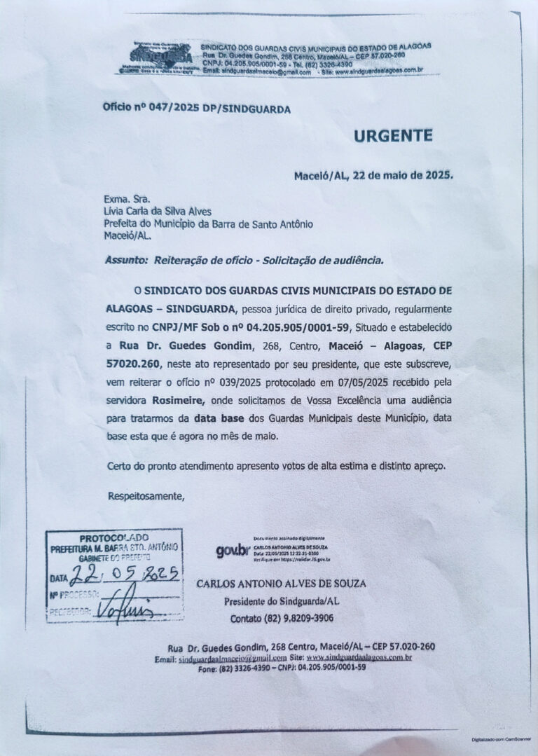 Sindguarda-AL cobra audiência sobre reajuste salarial dos guardas municipais da Barra de Santo Antônio