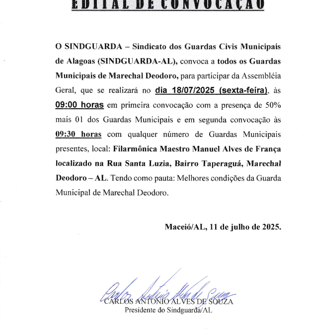 Edital de convocação – Assembleia dos guardas municipais de Marechal Deodoro