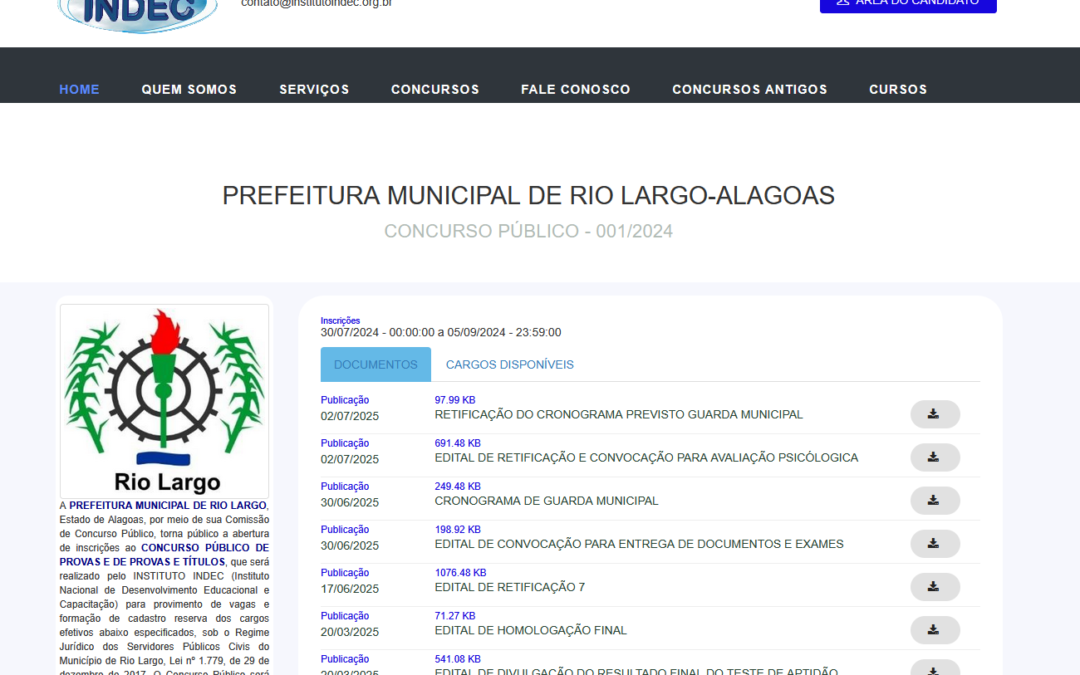 Prefeitura de Rio Largo Publica “Edital de retificação e convocação para avaliação psicológica” e “Retificação do cronograma previsto Guarda Municipal”