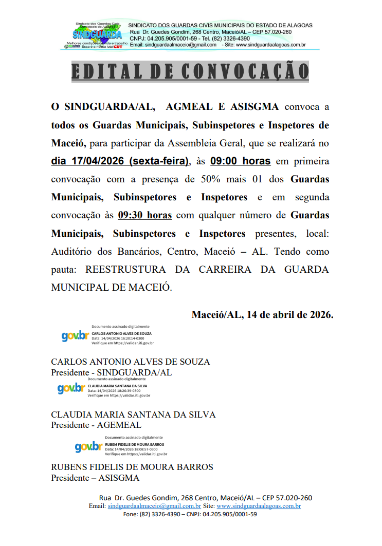 EDITAL DE CONVOCAÇÃO: Assembleia Geral dos guardas municipais de Maceió