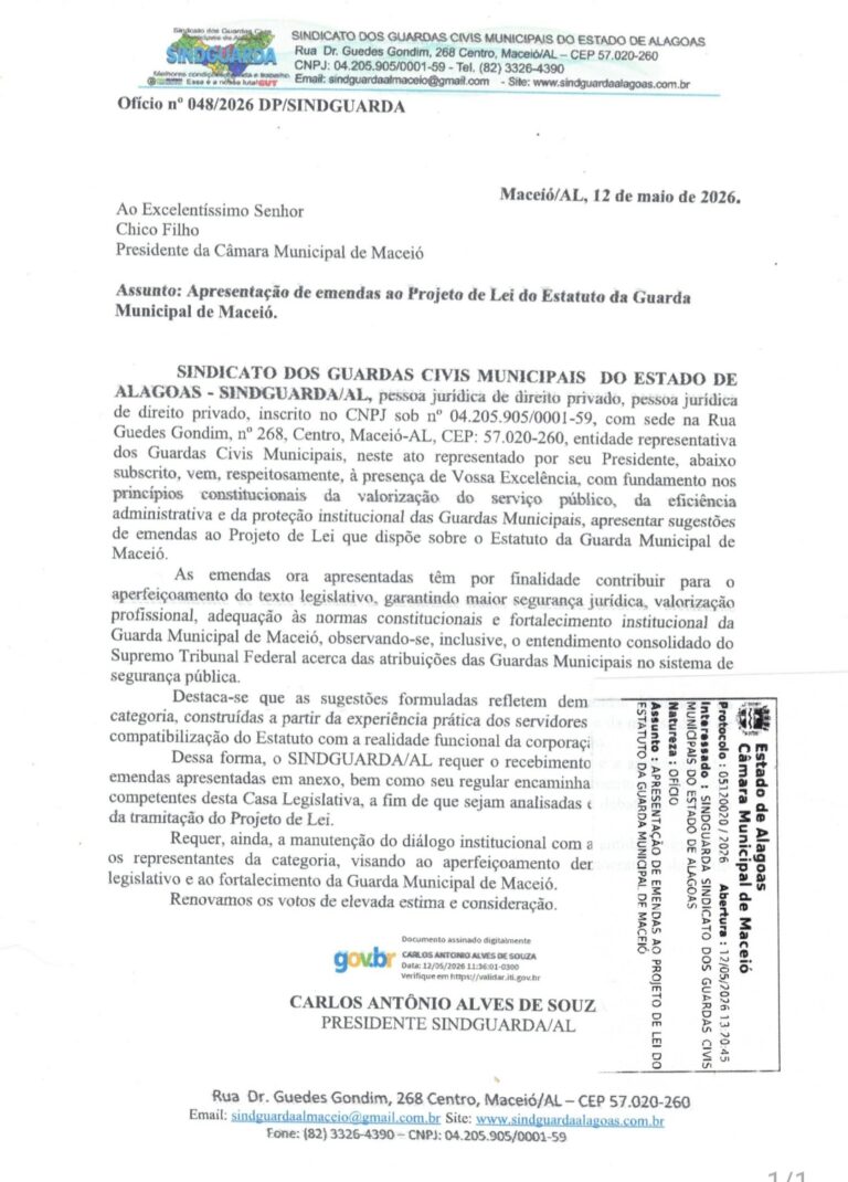Sindguarda-AL protocola propostas de emendas à reestruturação da Guarda Municipal de Maceió